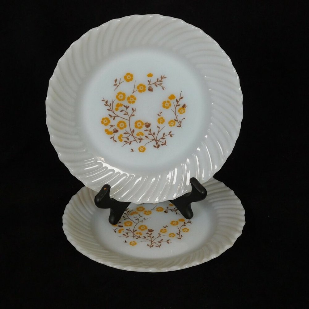 Termocrisa Mexico Lot of 2 Milk Glass Yellow & Brown Floral Bread Plates 7" Vtg